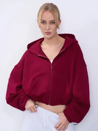 Women Fashion Casual Autumn Solid Color Zipper Long-Sleeve Pocket Drawstring Tight Waist Hoodies