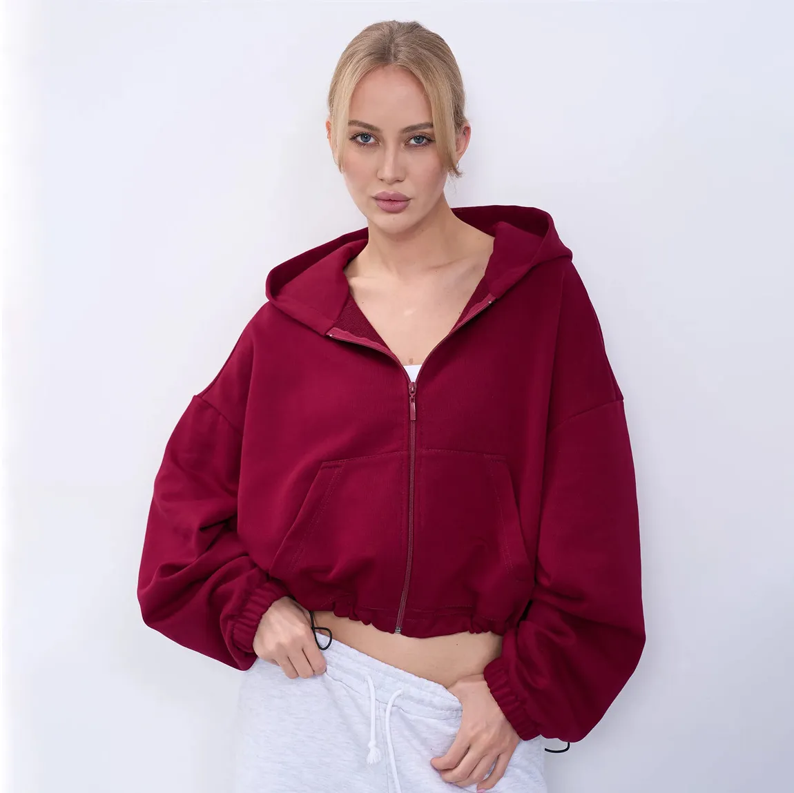 Women Fashion Casual Autumn Solid Color Zipper Long-Sleeve Pocket Drawstring Tight Waist Hoodies