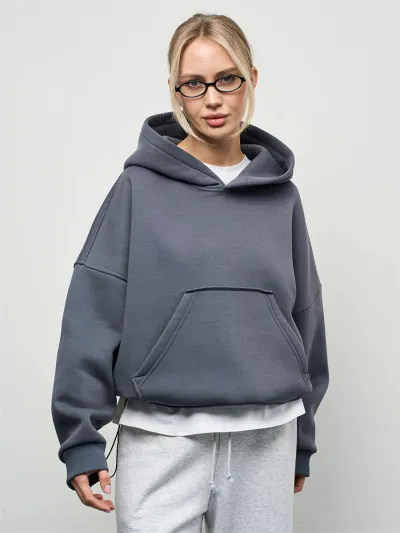Women Fashion Casual Autumn Solid Color Waist Long-Sleeve Pocket Hoodies