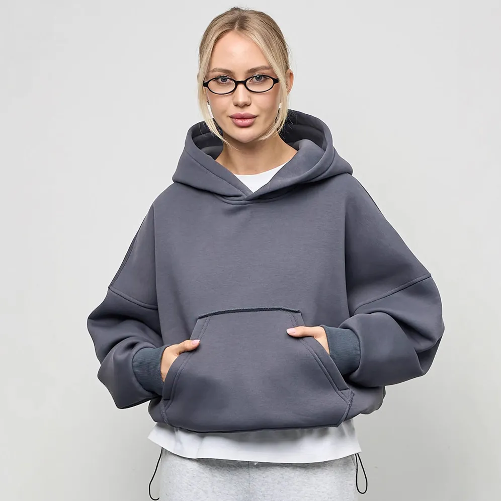 Women Fashion Casual Autumn Solid Color Waist Long-Sleeve Pocket Hoodies
