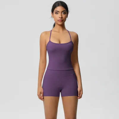 Women Fashion Solid Color Camisole High Waist Tight Shorts Yoga Sports Two-Piece Set