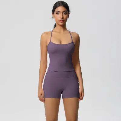 Women Fashion Solid Color Camisole High Waist Tight Shorts Yoga Sports Two-Piece Set