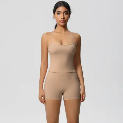 Women Fashion Solid Color Camisole High Waist Tight Shorts Yoga Sports Two-Piece Set