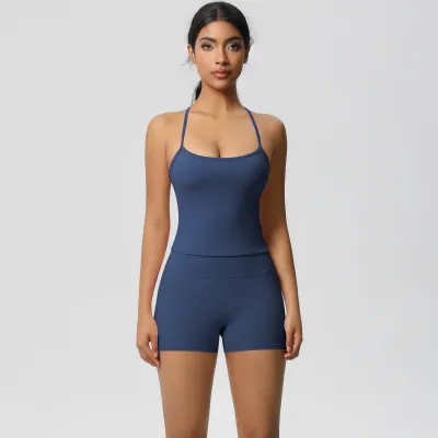 Women Fashion Solid Color Camisole High Waist Tight Shorts Yoga Sports Two-Piece Set