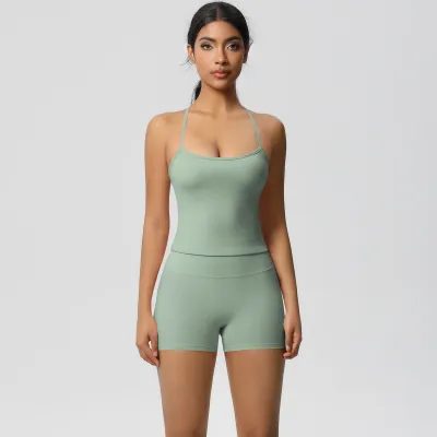 Women Fashion Solid Color Camisole High Waist Tight Shorts Yoga Sports Two-Piece Set