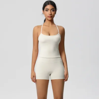 Women Fashion Solid Color Camisole High Waist Tight Shorts Yoga Sports Two-Piece Set