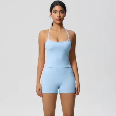 Women Fashion Solid Color Camisole High Waist Tight Shorts Yoga Sports Two-Piece Set