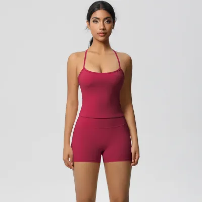 Women Fashion Solid Color Camisole High Waist Tight Shorts Yoga Sports Two-Piece Set