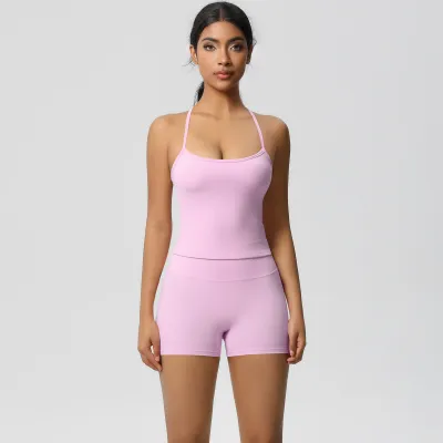 Women Fashion Solid Color Camisole High Waist Tight Shorts Yoga Sports Two-Piece Set