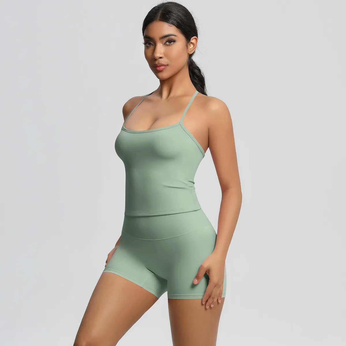 Women Fashion Solid Color Camisole High Waist Tight Shorts Yoga Sports Two-Piece Set