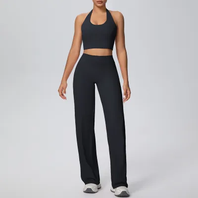 Women Fashion Solid Color Shockproof Halter-Neck Bra High Waist Quick-Drying Pants Yoga Sports Two-Piece Set