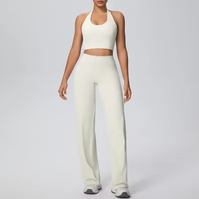 Women Fashion Solid Color Shockproof Halter-Neck Bra High Waist Quick-Drying Pants Yoga Sports Two-Piece Set