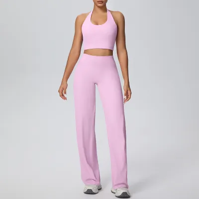 Women Fashion Solid Color Shockproof Halter-Neck Bra High Waist Quick-Drying Pants Yoga Sports Two-Piece Set