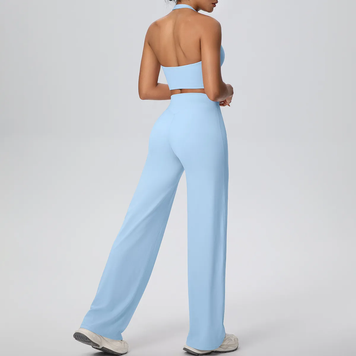 Women Fashion Solid Color Shockproof Halter-Neck Bra High Waist Quick-Drying Pants Yoga Sports Two-Piece Set