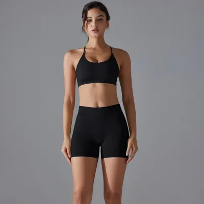 Women Fashion Solid Color Seamless Cross-Back Bra Breathable Quick-Dry Tight Shorts Sports Yoga Two-Piece Set