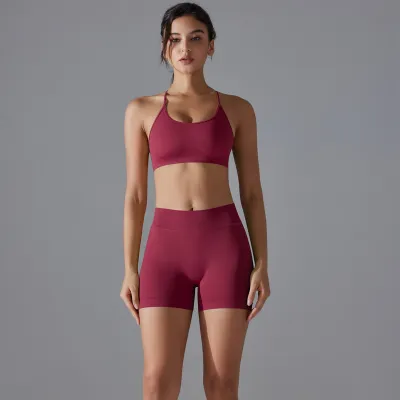 Women Fashion Solid Color Seamless Cross-Back Bra Breathable Quick-Dry Tight Shorts Sports Yoga Two-Piece Set