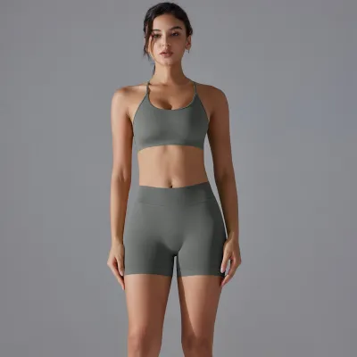 Women Fashion Solid Color Seamless Cross-Back Bra Breathable Quick-Dry Tight Shorts Sports Yoga Two-Piece Set