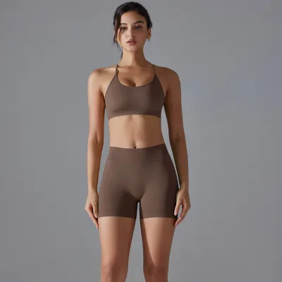 Women Fashion Solid Color Seamless Cross-Back Bra Breathable Quick-Dry Tight Shorts Sports Yoga Two-Piece Set