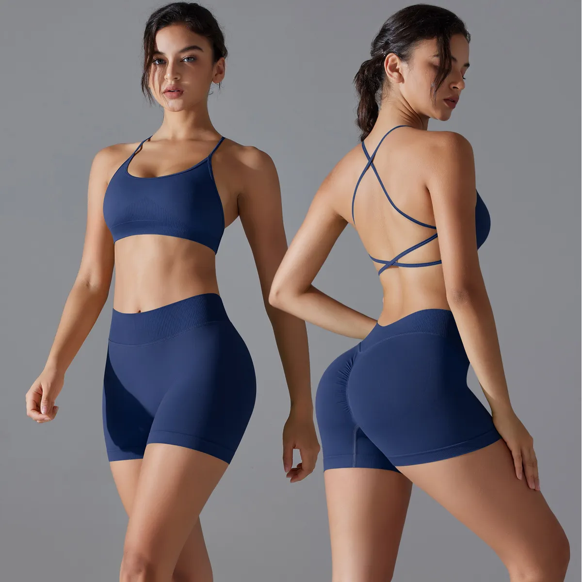 Women Fashion Solid Color Seamless Cross-Back Bra Breathable Quick-Dry Tight Shorts Sports Yoga Two-Piece Set