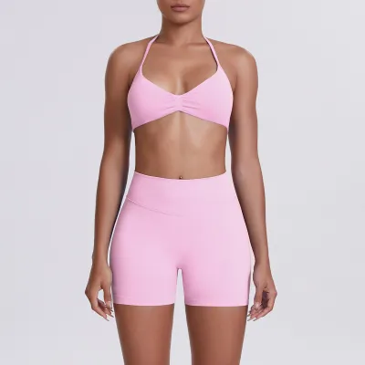 Women Fashion Solid Color Halter-Neck Bra High Waist Tight Shorts Yoga Sports Two-Piece Set