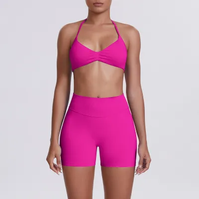 Women Fashion Solid Color Halter-Neck Bra High Waist Tight Shorts Yoga Sports Two-Piece Set