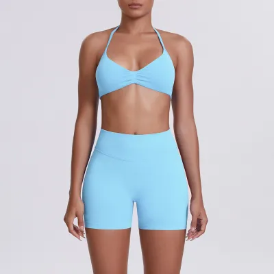 Women Fashion Solid Color Halter-Neck Bra High Waist Tight Shorts Yoga Sports Two-Piece Set