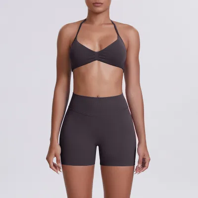 Women Fashion Solid Color Halter-Neck Bra High Waist Tight Shorts Yoga Sports Two-Piece Set