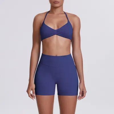 Women Fashion Solid Color Halter-Neck Bra High Waist Tight Shorts Yoga Sports Two-Piece Set