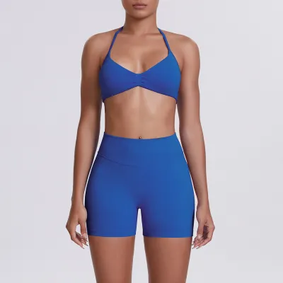 Women Fashion Solid Color Halter-Neck Bra High Waist Tight Shorts Yoga Sports Two-Piece Set