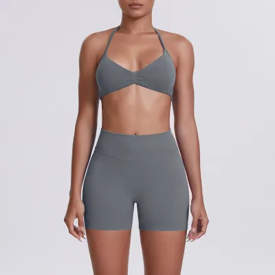 Women Fashion Solid Color Halter-Neck Bra High Waist Tight Shorts Yoga Sports Two-Piece Set