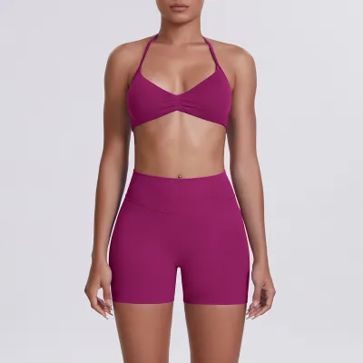 Women Fashion Solid Color Halter-Neck Bra High Waist Tight Shorts Yoga Sports Two-Piece Set
