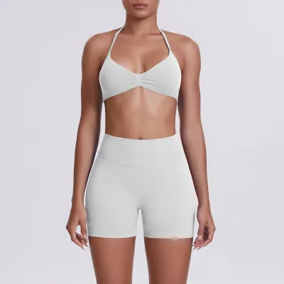 Women Fashion Solid Color Halter-Neck Bra High Waist Tight Shorts Yoga Sports Two-Piece Set