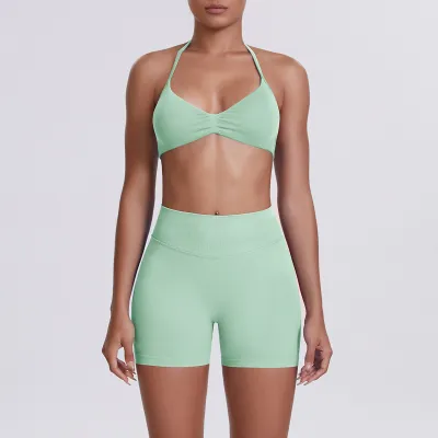 Women Fashion Solid Color Halter-Neck Bra High Waist Tight Shorts Yoga Sports Two-Piece Set