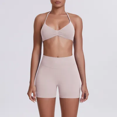 Women Fashion Solid Color Halter-Neck Bra High Waist Tight Shorts Yoga Sports Two-Piece Set