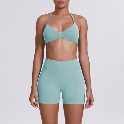 Women Fashion Solid Color Halter-Neck Bra High Waist Tight Shorts Yoga Sports Two-Piece Set