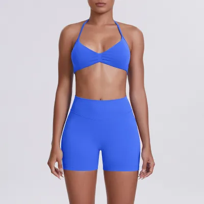 Women Fashion Solid Color Halter-Neck Bra High Waist Tight Shorts Yoga Sports Two-Piece Set