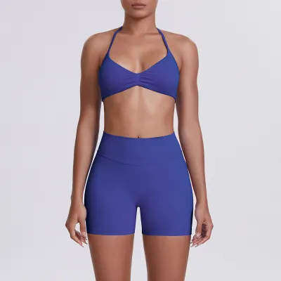 Women Fashion Solid Color Halter-Neck Bra High Waist Tight Shorts Yoga Sports Two-Piece Set