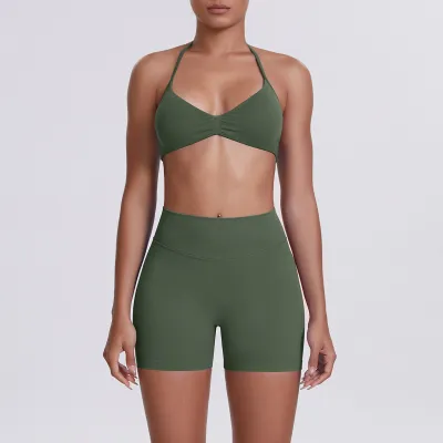 Women Fashion Solid Color Halter-Neck Bra High Waist Tight Shorts Yoga Sports Two-Piece Set