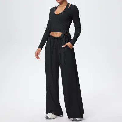 Women Fashion Casual Solid Color Quick-Drying Tank Top Long-Sleeve Top Drawstring Pants Yoga Sports Three-Piece Set