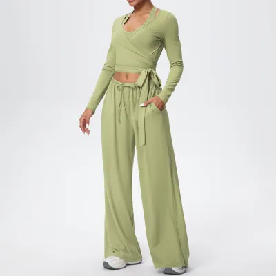 Women Fashion Casual Solid Color Quick-Drying Tank Top Long-Sleeve Top Drawstring Pants Yoga Sports Three-Piece Set