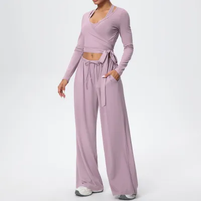 Women Fashion Casual Solid Color Quick-Drying Tank Top Long-Sleeve Top Drawstring Pants Yoga Sports Three-Piece Set