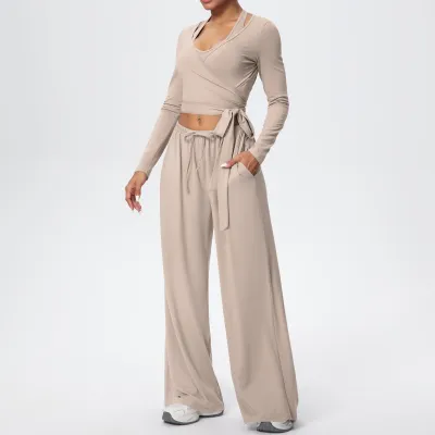 Women Fashion Casual Solid Color Quick-Drying Tank Top Long-Sleeve Top Drawstring Pants Yoga Sports Three-Piece Set