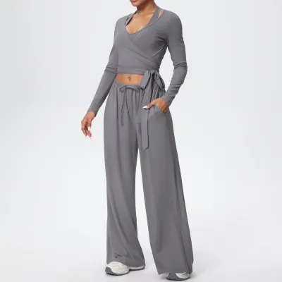 Women Fashion Casual Solid Color Quick-Drying Tank Top Long-Sleeve Top Drawstring Pants Yoga Sports Three-Piece Set