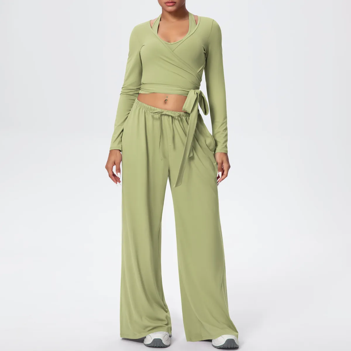Women Fashion Casual Solid Color Quick-Drying Tank Top Long-Sleeve Top Drawstring Pants Yoga Sports Three-Piece Set