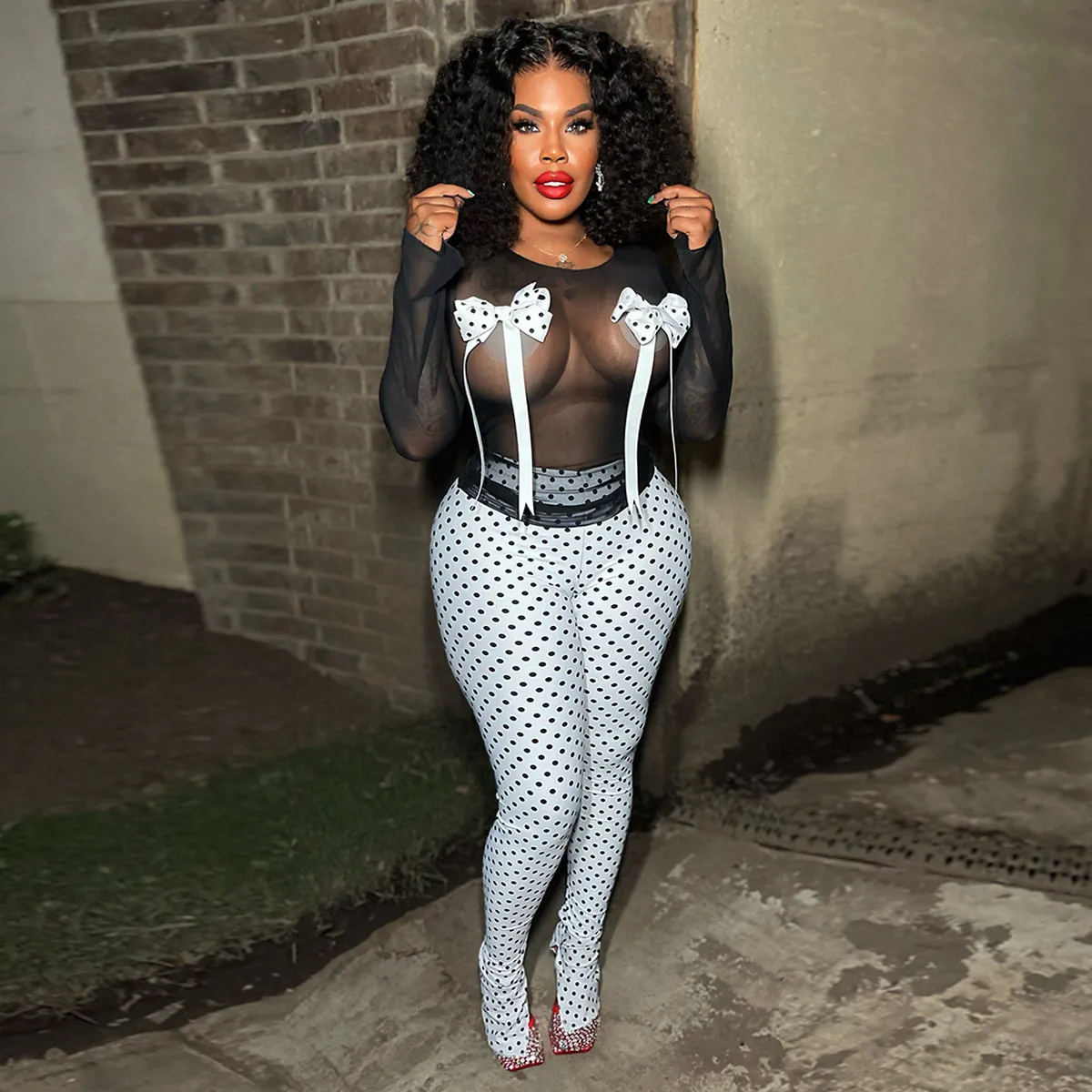Women Fashion Sexy Mesh Bowknot Decoration Long-Sleeve Top Tight Polka Dot Print Pants Two-Piece Set