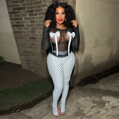 Women Fashion Sexy Mesh Bowknot Decoration Long-Sleeve Top Tight Polka Dot Print Pants Two-Piece Set