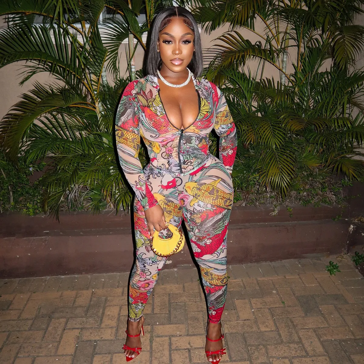 Women Fashion Sexy Printed Zipper Long-Sleeve Hoodies Tight Pants Two-Piece Set
