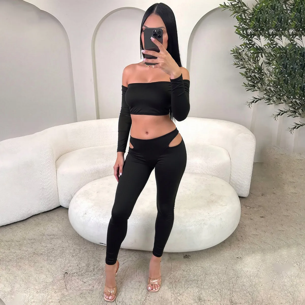 Women Fashion Sexy Autumn Solid Color Off-Shoulder Long-Sleeve Crop Top Hollow Tight Pants Two-Piece Set