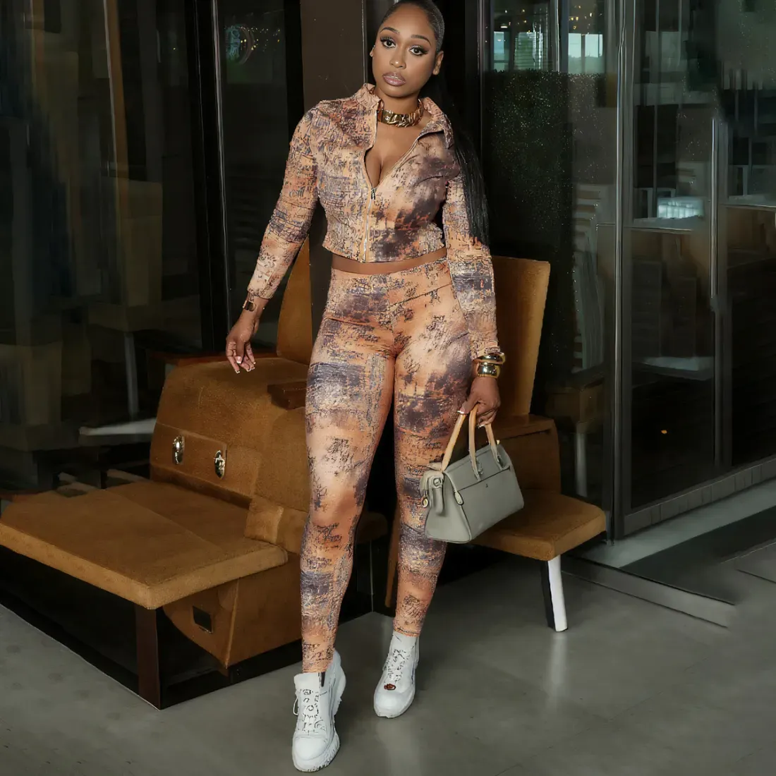 Women Fashion Sexy Autumn Printed Lapel Long-Sleeve Crop Top Tight Pants Two-Piece Set