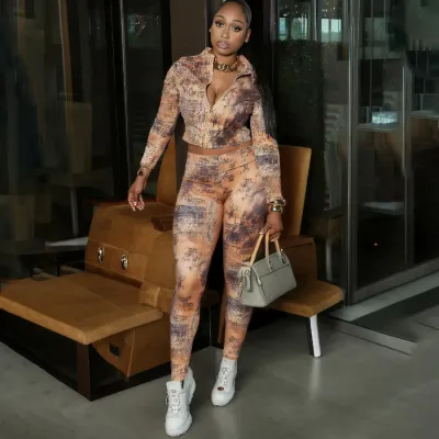 Women Fashion Sexy Autumn Printed Lapel Long-Sleeve Crop Top Tight Pants Two-Piece Set